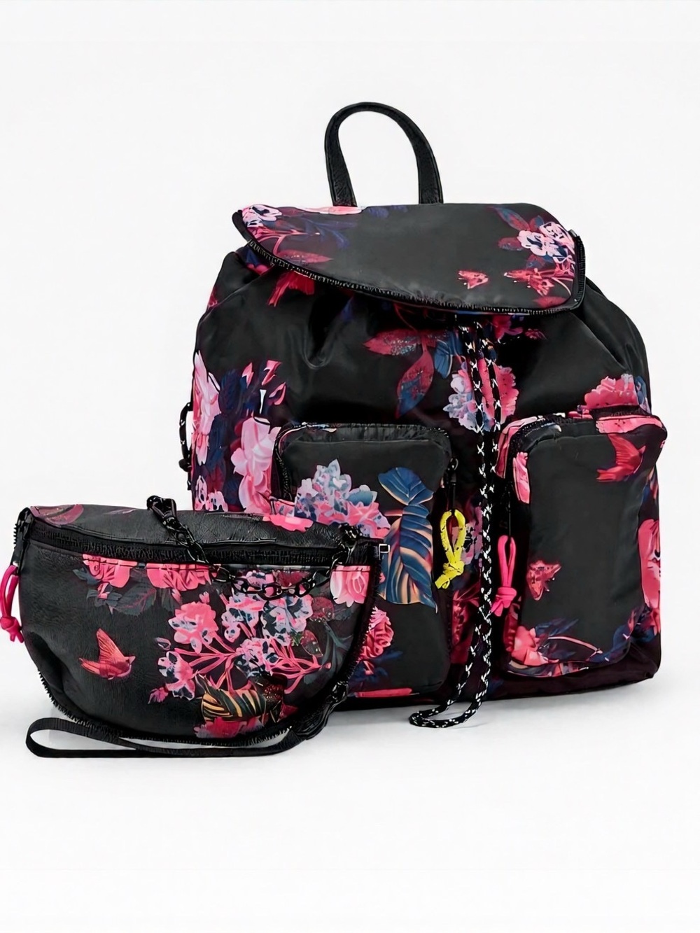 Steve Madden Black Floral Billy Backpack and Waist Bag NWT
